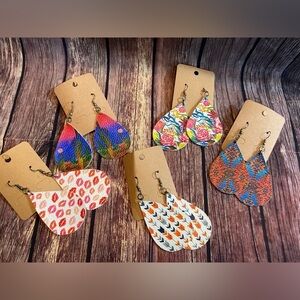 Set of 5 Tear Drop Faux Leather Floral Western Southwestern Earrings